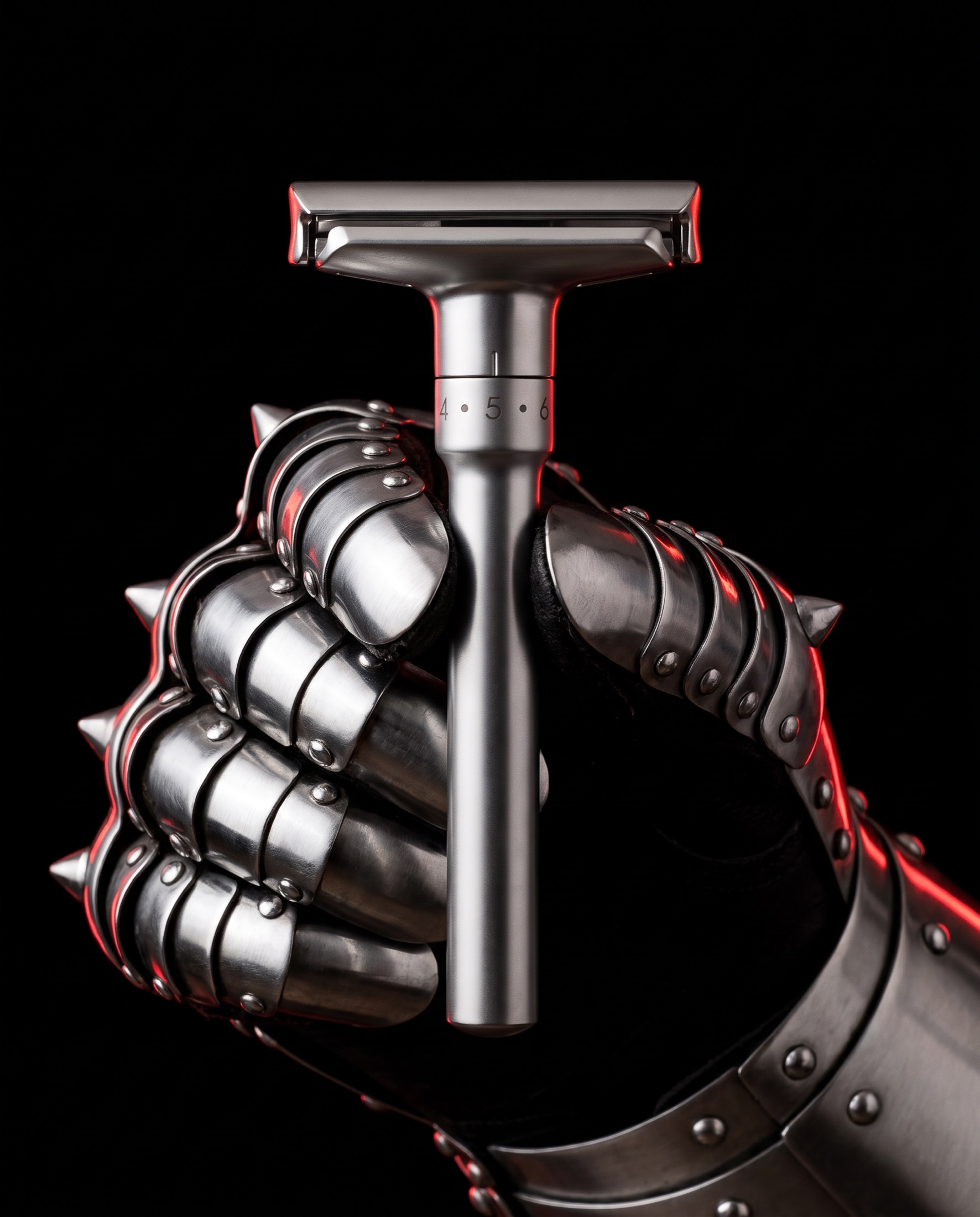 The VIGIL razor held upright in a steel gauntlet